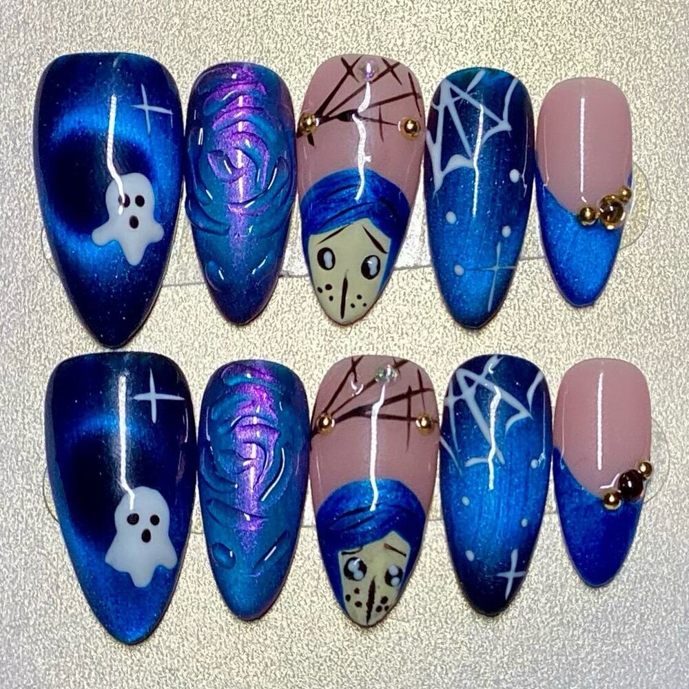 Halloween Coraline Blue Cat Eye Almond Press On Nails Small Medium & Large